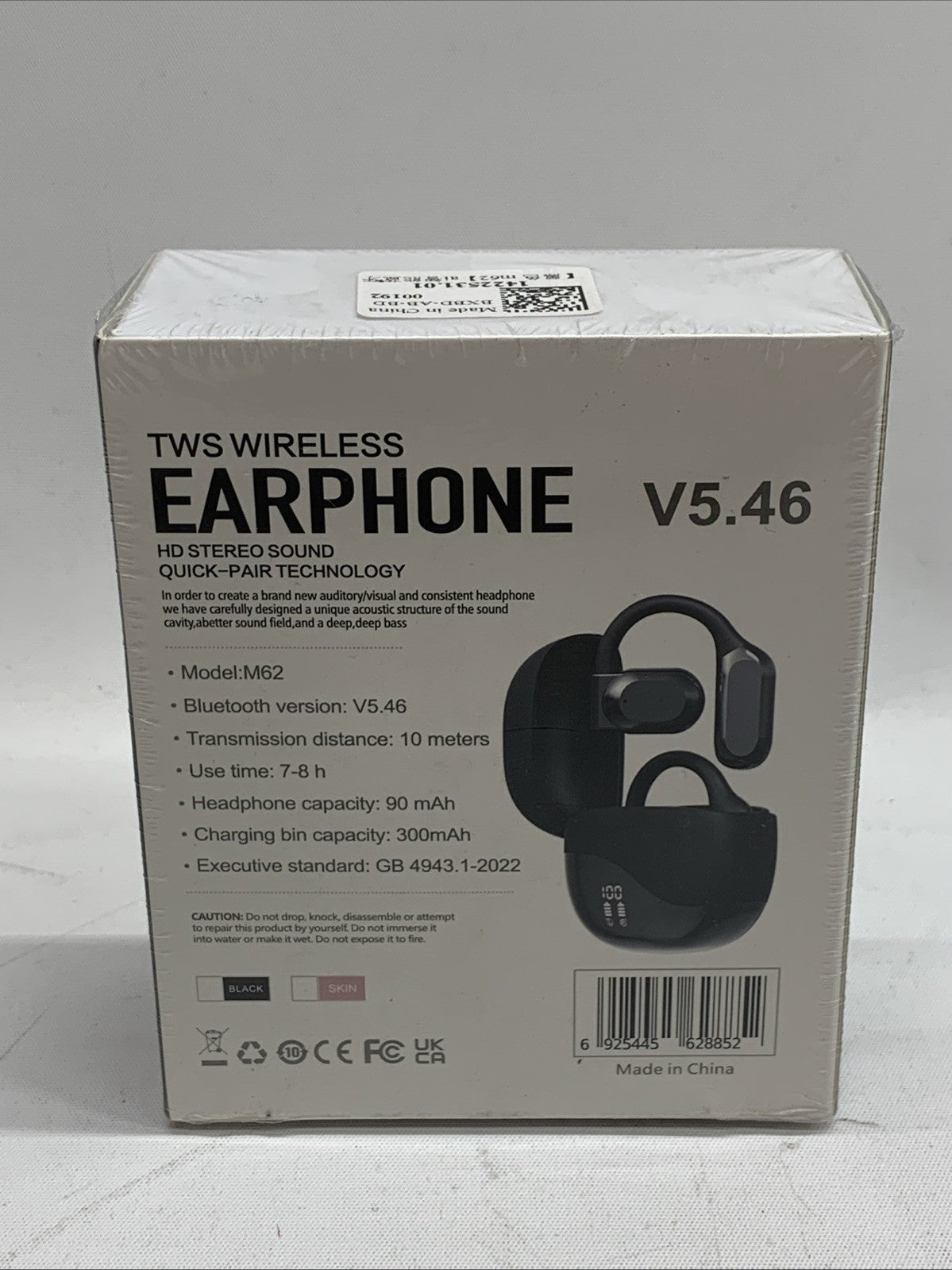 TWS Wireless Earbud Earphones HD Stereo Sound M62 Bluetooth V5.46 7-8H Black