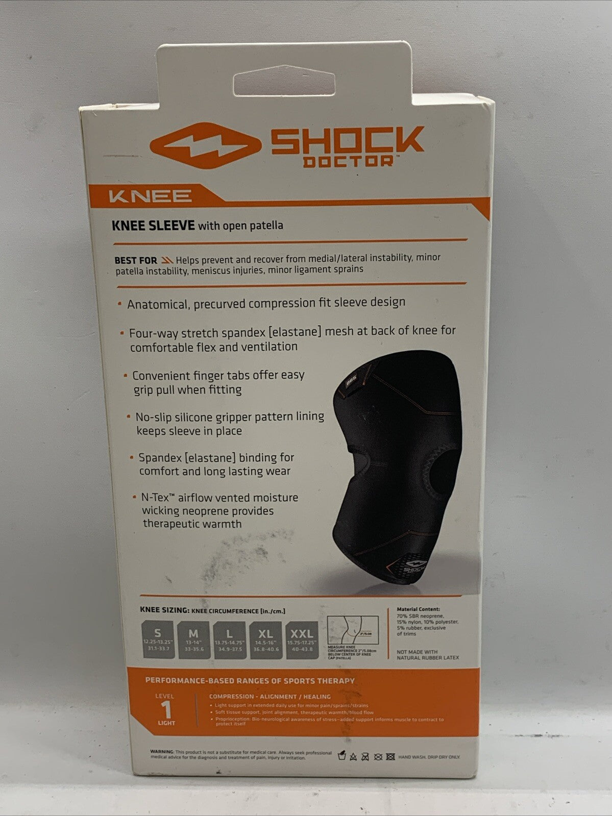Shock Doctor Knee Compression Sleeve Level 1 Support Black Small w/Open Patella