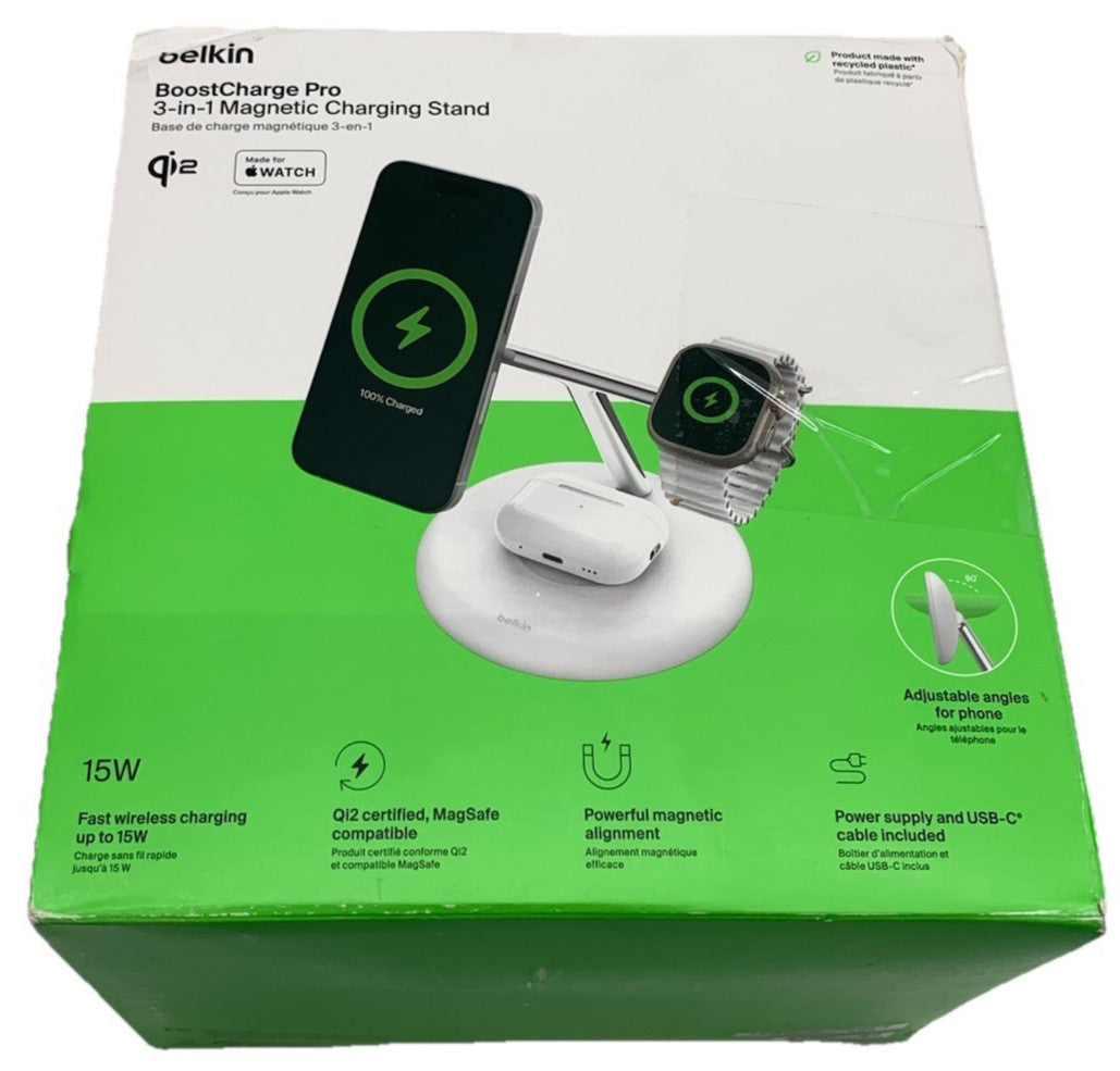 Belkin BoostCharge Pro 3-in-1 Magnetic Charging Stand (Qi2 and MagSafe) - White