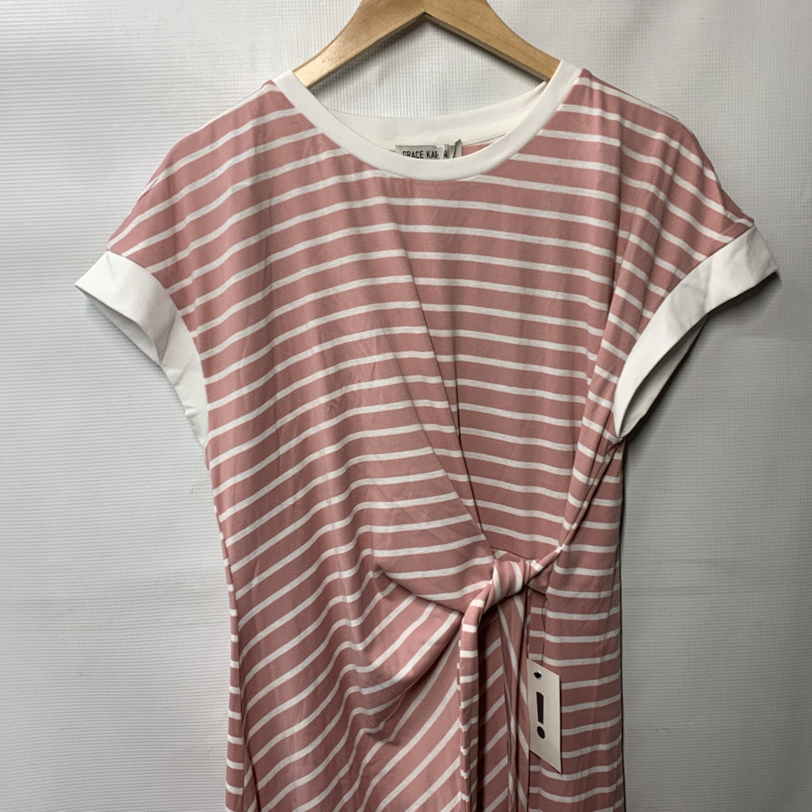 Grace Karin Pink And White Tie Front Dress Size 2XL Sleeveless Striped Crew Neck