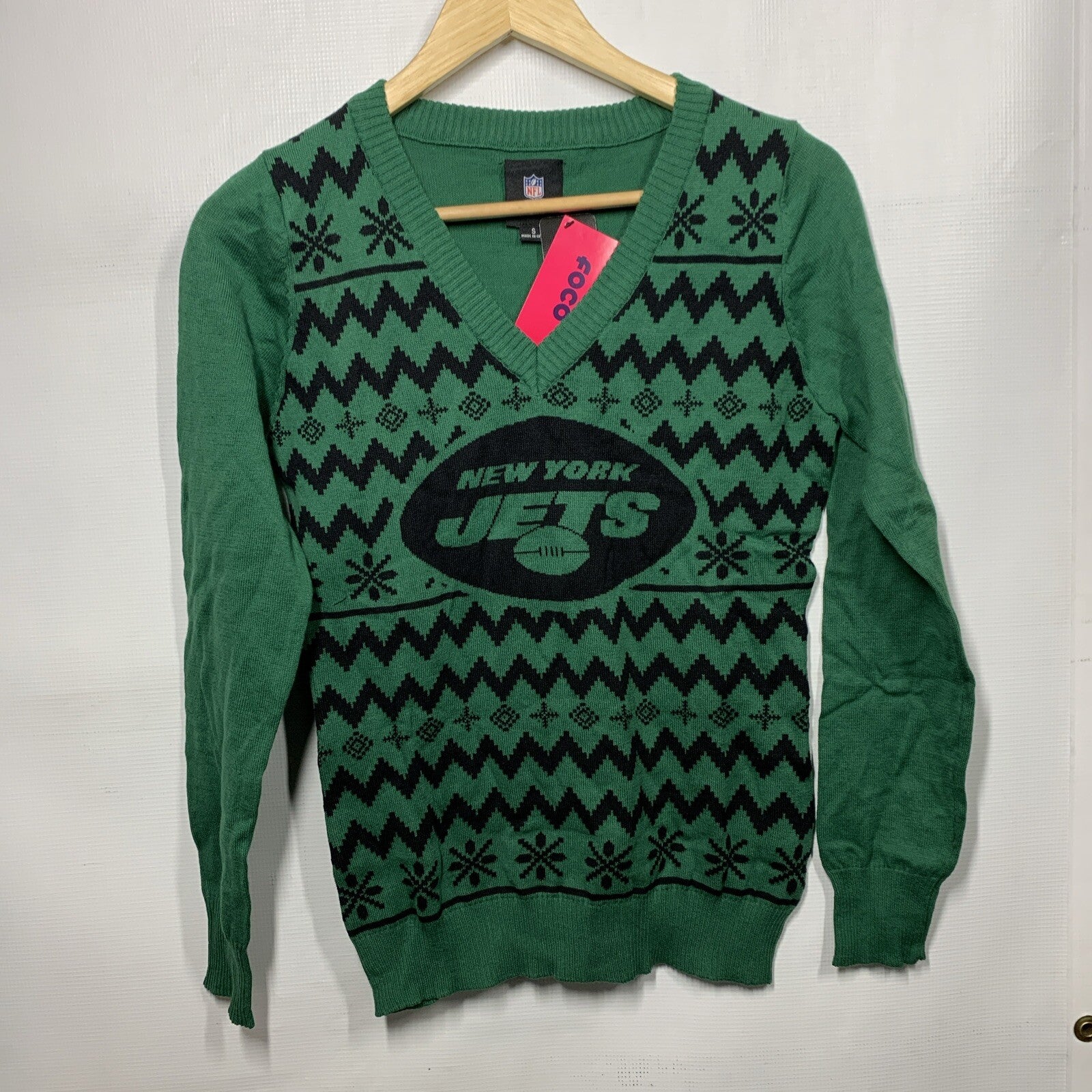 FOCO Women's Size Small New York Jets NFL Team Logo Ugly Holiday V-Neck Sweater