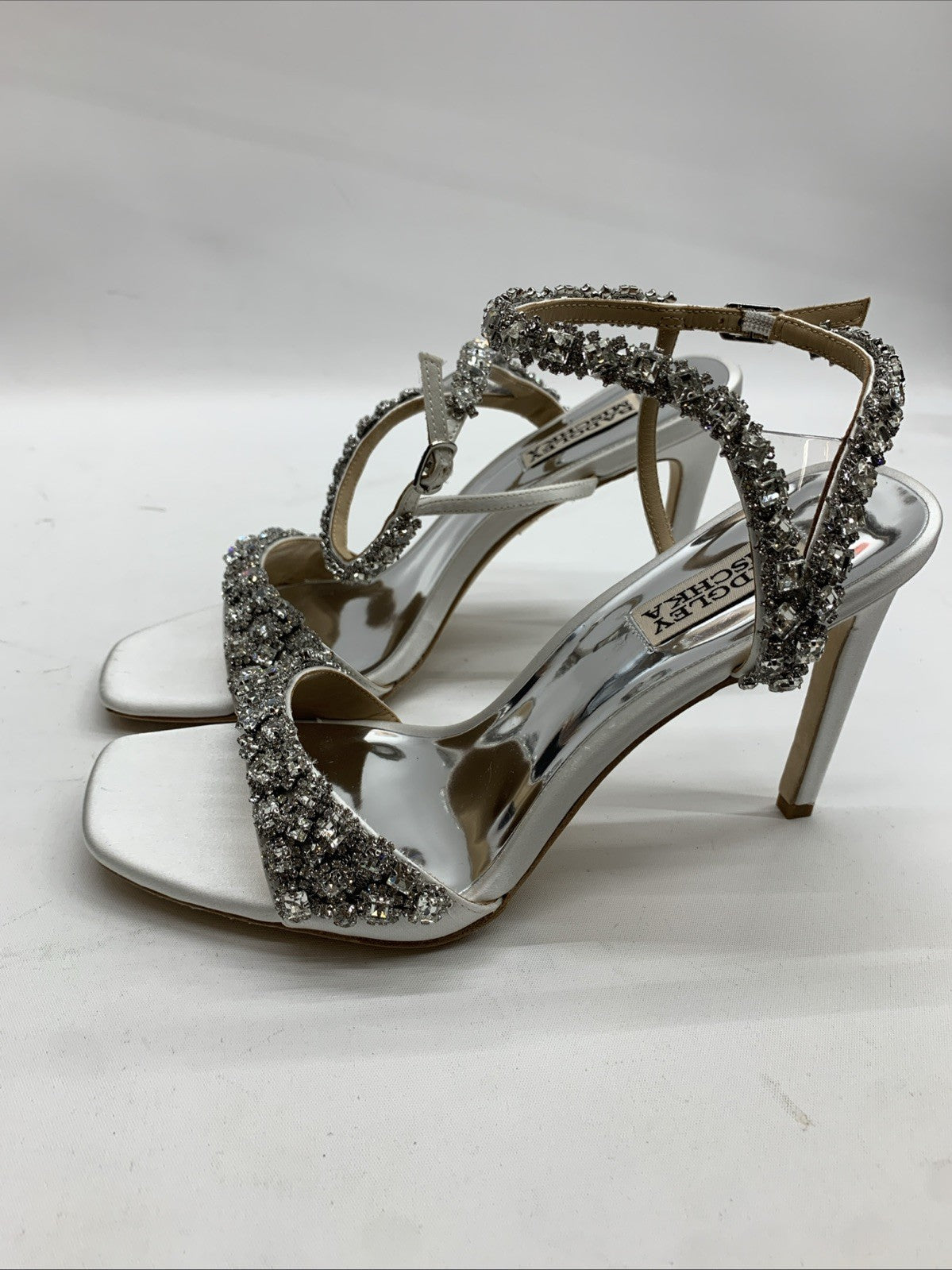 Badgley Mischka Galia Embellished Sandal Heels Jeweled Soft Satin White Size 8
