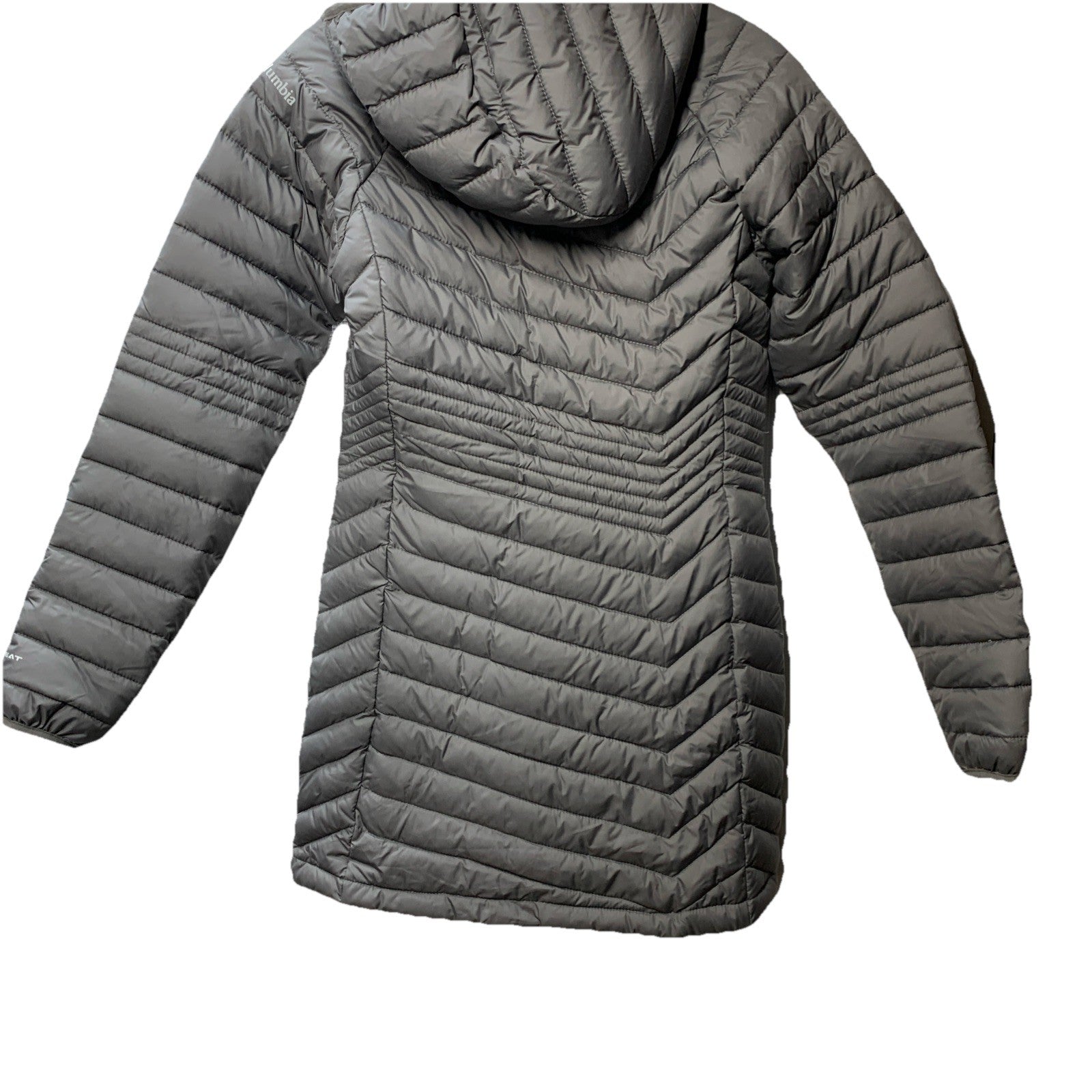 Columbia Powder Lite Mid Hooded Omni-Heat Jacket Sliver Long Puffer Coat Size XS