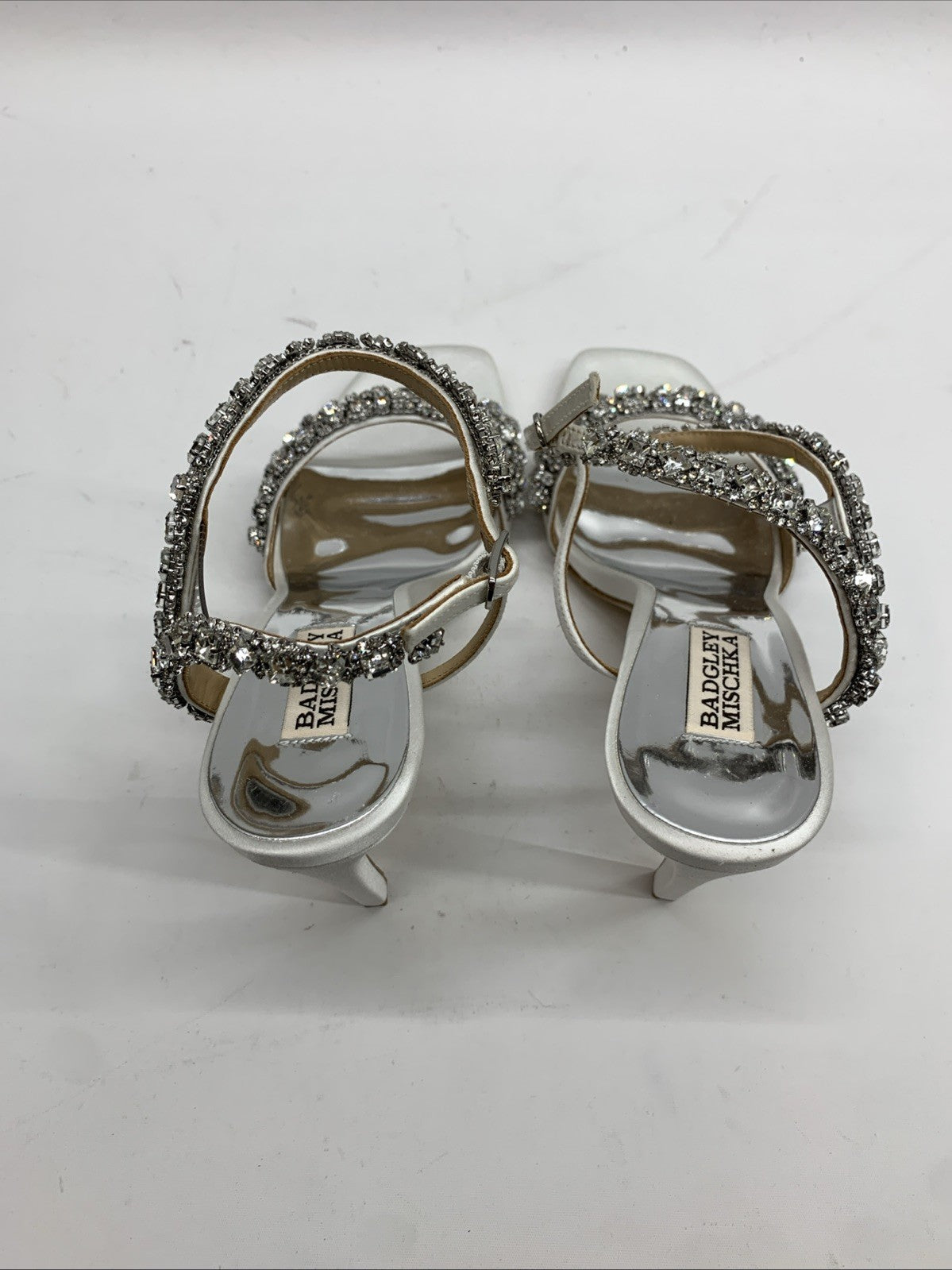 Badgley Mischka Galia Embellished Sandal Heels Jeweled Soft Satin White Size 8