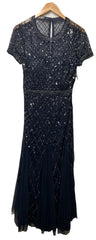 Adrianna Papell Womens Short-Sleeve Grid Beaded Gown Evening Dress Navy Size 14