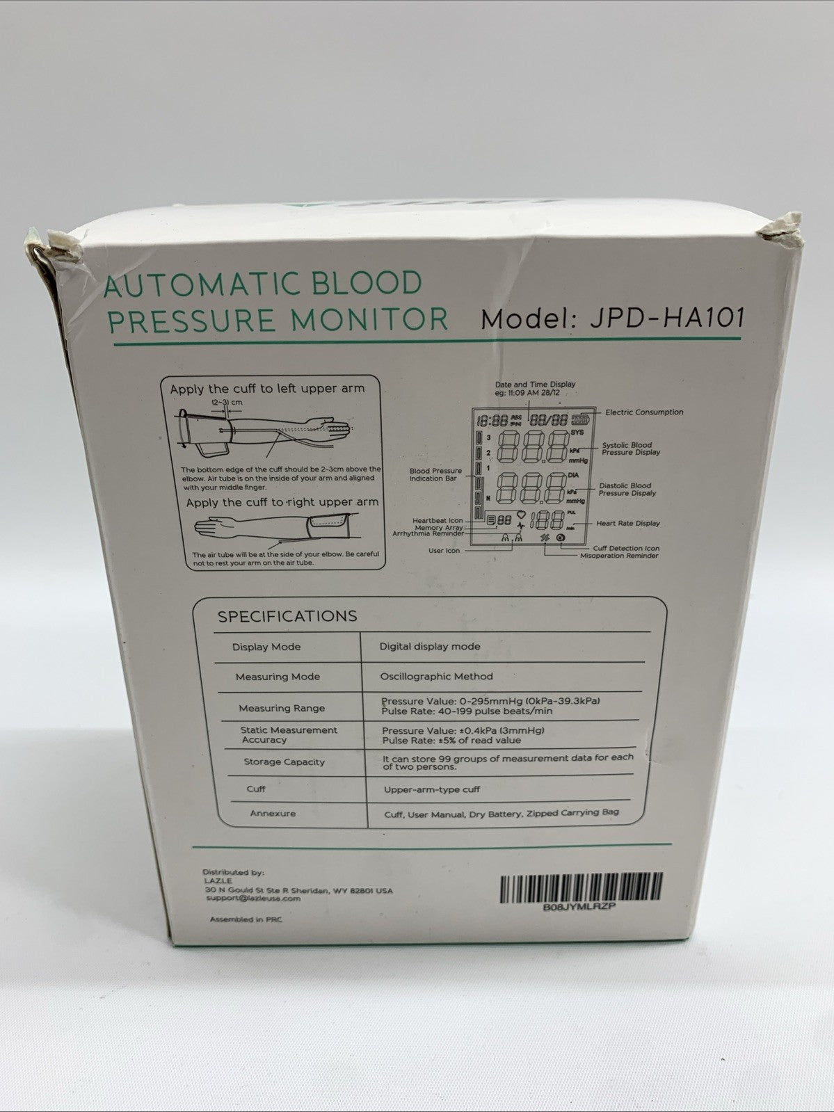 LAZLE Blood Pressure Monitor Automatic Upper Arm Accurate Adjustable JPD-HA101