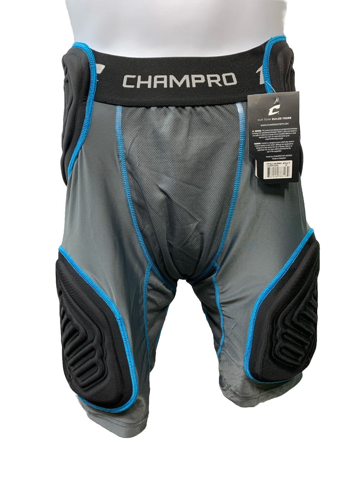 Champro Football Bull Rush 5 Pad Girdle, Black & Blue Size M Charcoal Comfortabl
