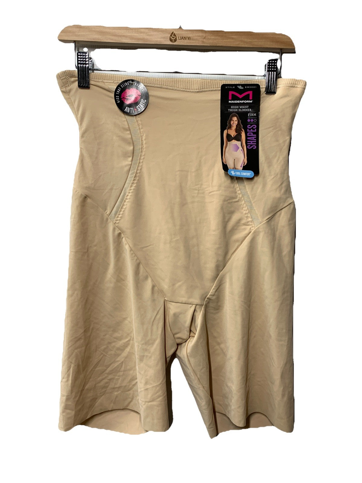 Beige Maidenform high-waist thigh slimmer shapewear for women, firm-control, size 2XL, designed to shape and smooth the waist and thighs.