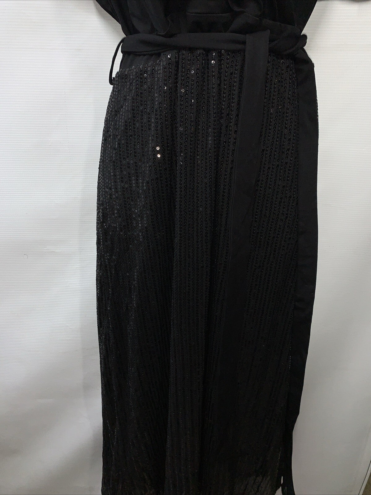 Grace Karin Sequin Cocktail Party Midi Dress Tie Waist Side Slit Size XL Black
