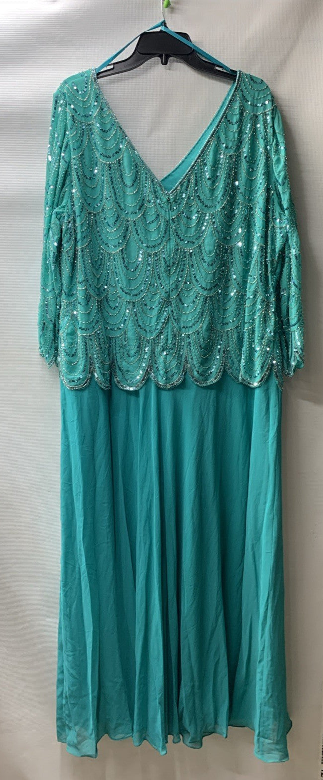 J Kara Women's V-neck Beaded Bodice Pop Over Long Dress, Aqua/Multi, Size 20W