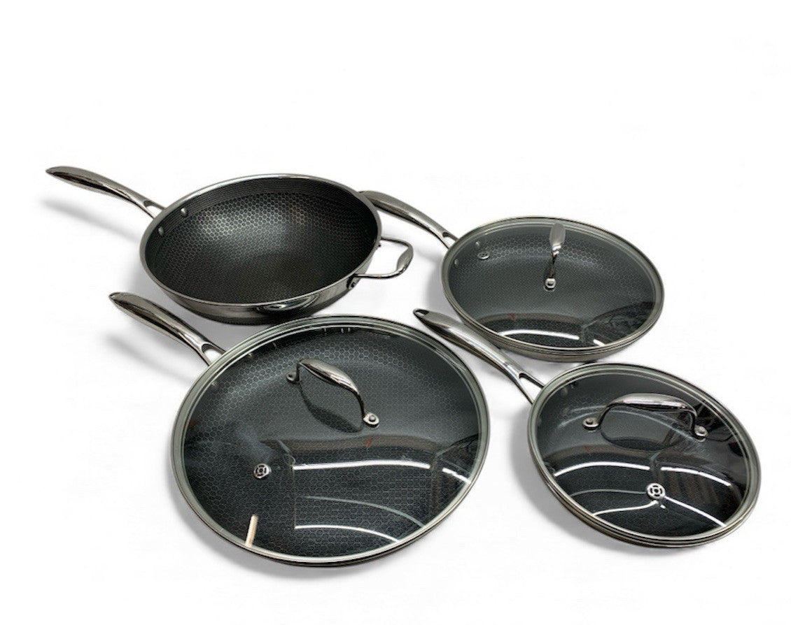HexClad Hybrid Nonstick 7-Piece Cookware Cooking Set with Lids and Wok - USED