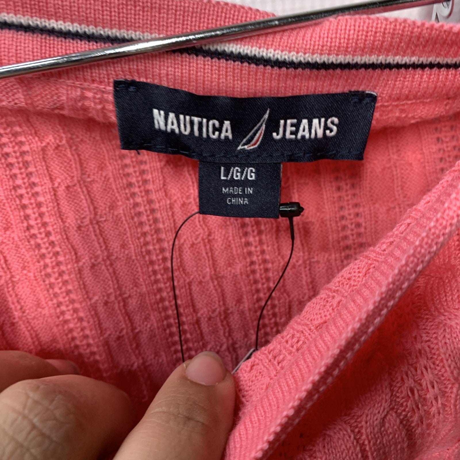 Pink Nautica women's cable knit sweater with boatneck, long sleeves, cotton fabric, size L, styled for casual wear.