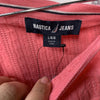 Pink Nautica women's cable knit sweater with boatneck, long sleeves, cotton fabric, size L, styled for casual wear.