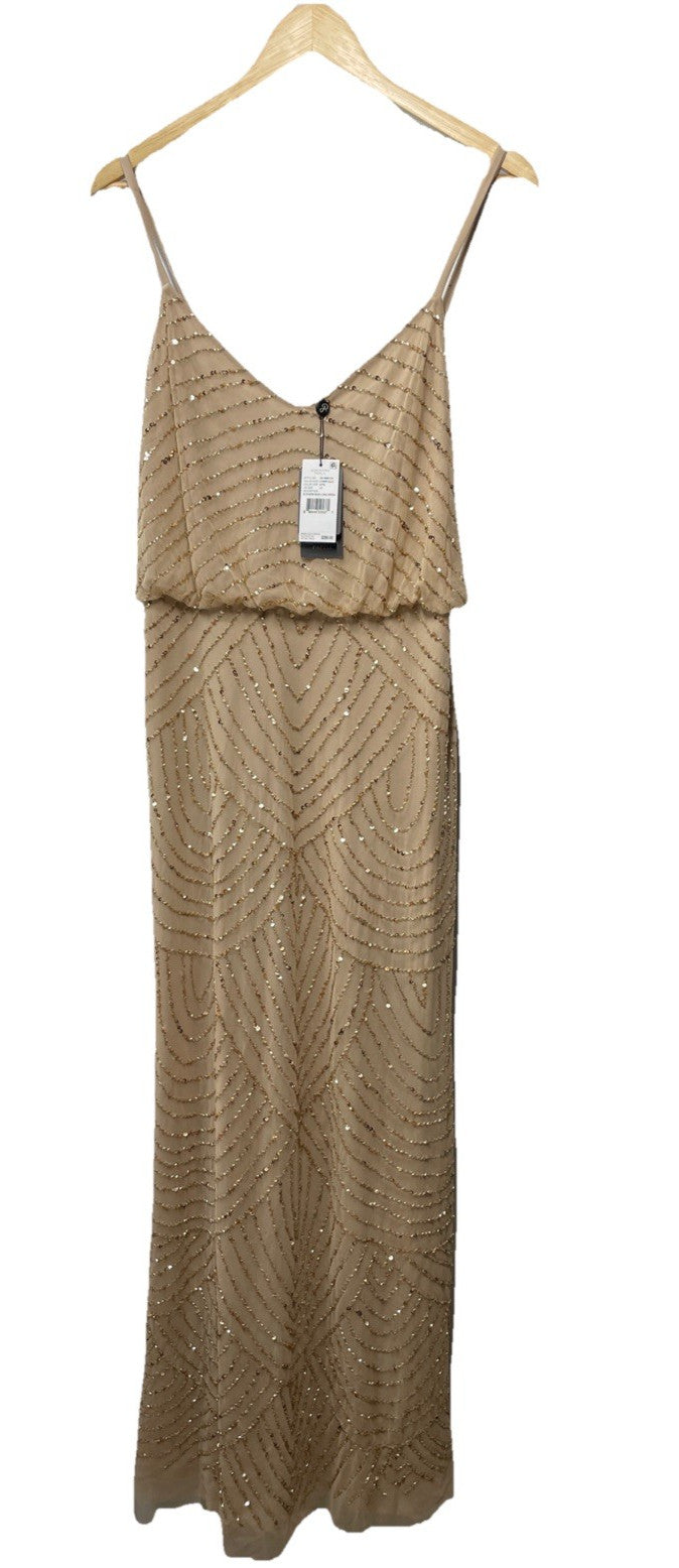 Adrianna Papell Women's Long Beaded Blouson Gown Size 12 Champ/Gold V-Neckline