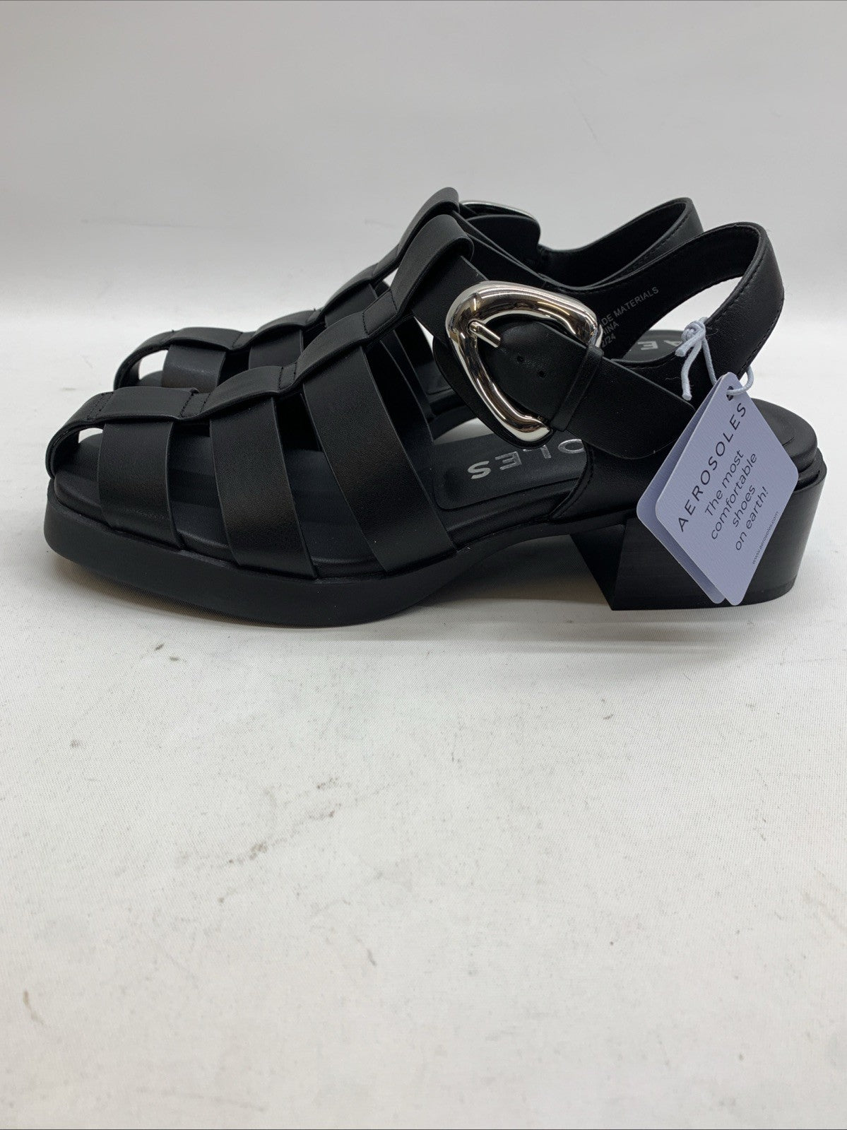 Women Sandals Aerosoles Dapper Sandal 8.5 Black Buckle Low Block Heel Square Toe