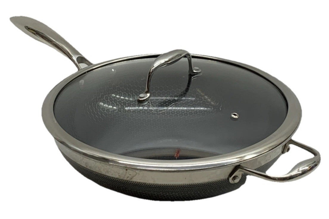 HexClad Hybrid Nonstick 12-Inch Cooking Wok Cookware with Clear Cover Lid - USED