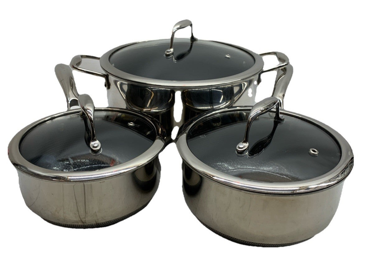 HexClad Hybrid Nonstick 6-Piece Pot Set 8, 3 & 2 Qt Pots with Cover Lids - USED