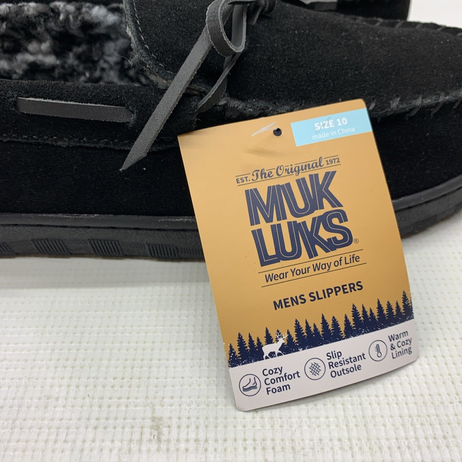 MUK LUKS Paul Printed Berber Suede Moccasin Men's Slipper Black Size 10 Casual