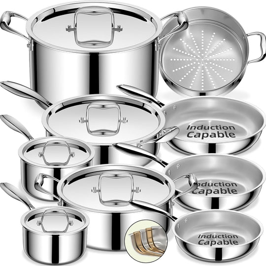Stainless Steel Cookware Set, 5 Ply 14 Piece Stainless Steel Pot and Pan Set