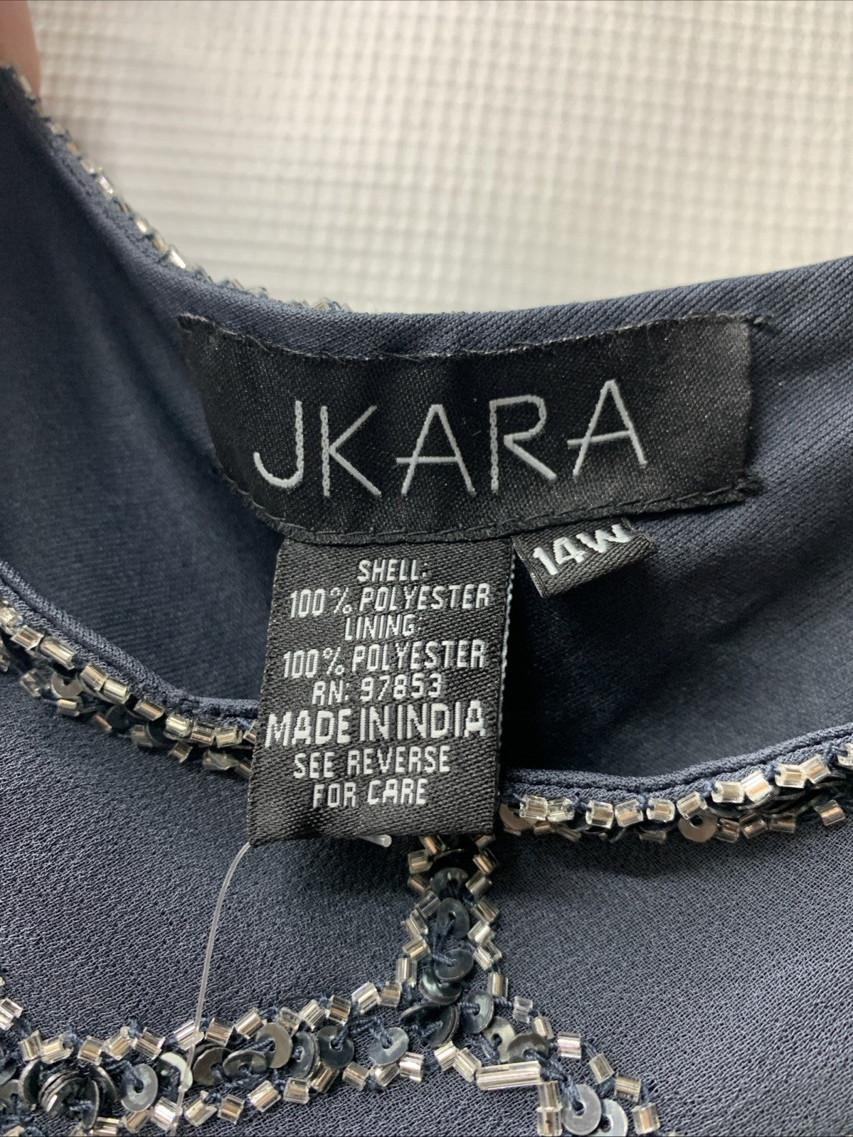 J Kara Women's 3/4 Sleeve Geo Design Long Beaded Gown, Grey/Gun Size 14W Pull On