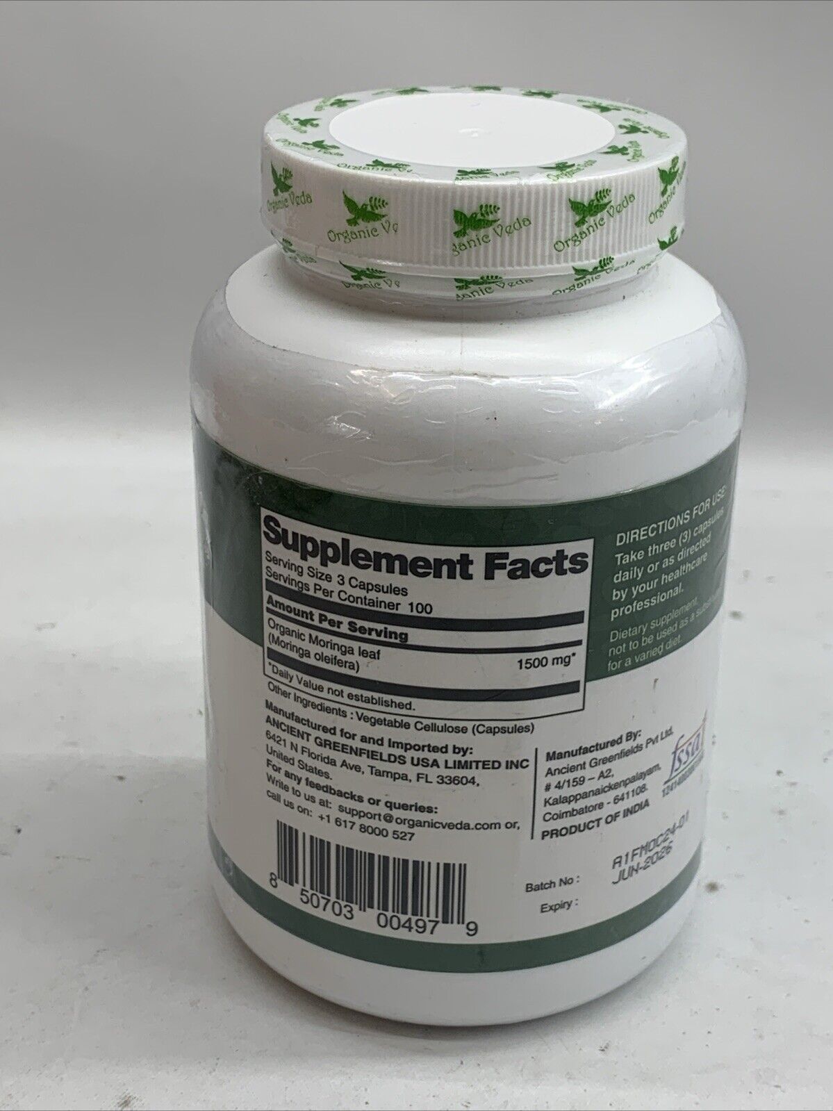 Organic Veda Moringa 300 Ct. Premium Whole Green Veg Capsules Dietary Supplement