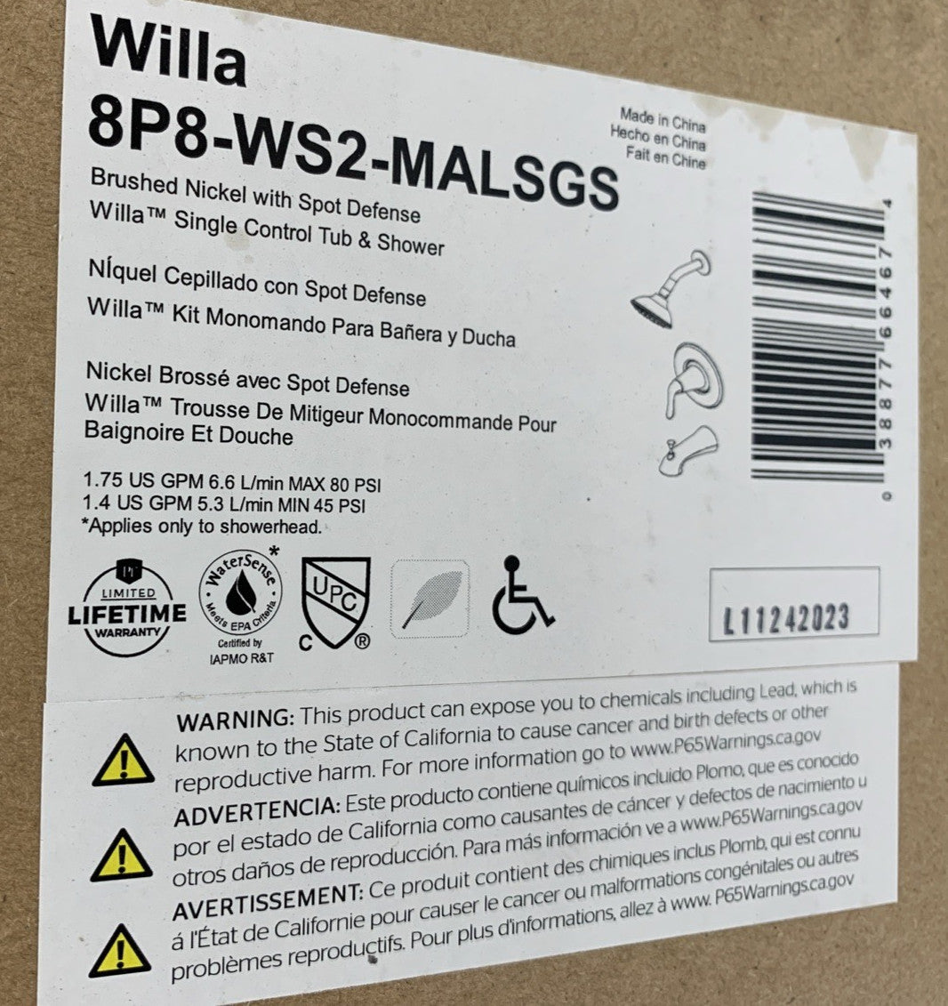 Pfister Willa 8P8-WS2-MALSGS Single Control Tub & Shower Trim Kit Brushed Nickel