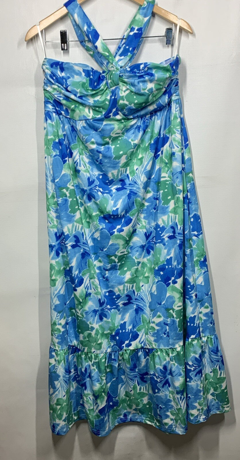 GRACE KARIN Halterneck Sleeveless Boho Flowy Ruffle Beach Dress Blue/Green Large