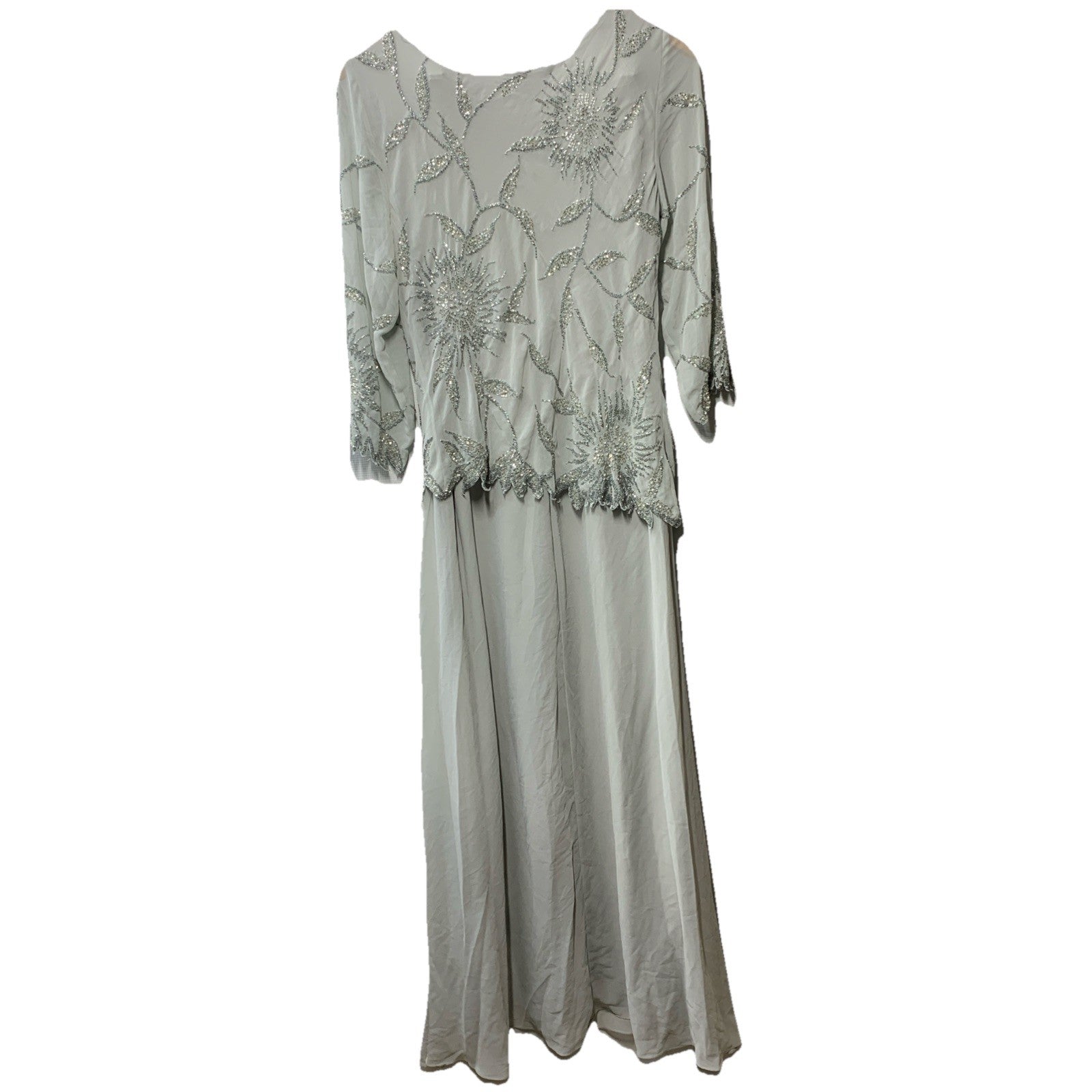 Gray women's beaded scoop neck 3/4 sleeve dress by The Family Flips, size 12, long evening dress with elegant detailing.