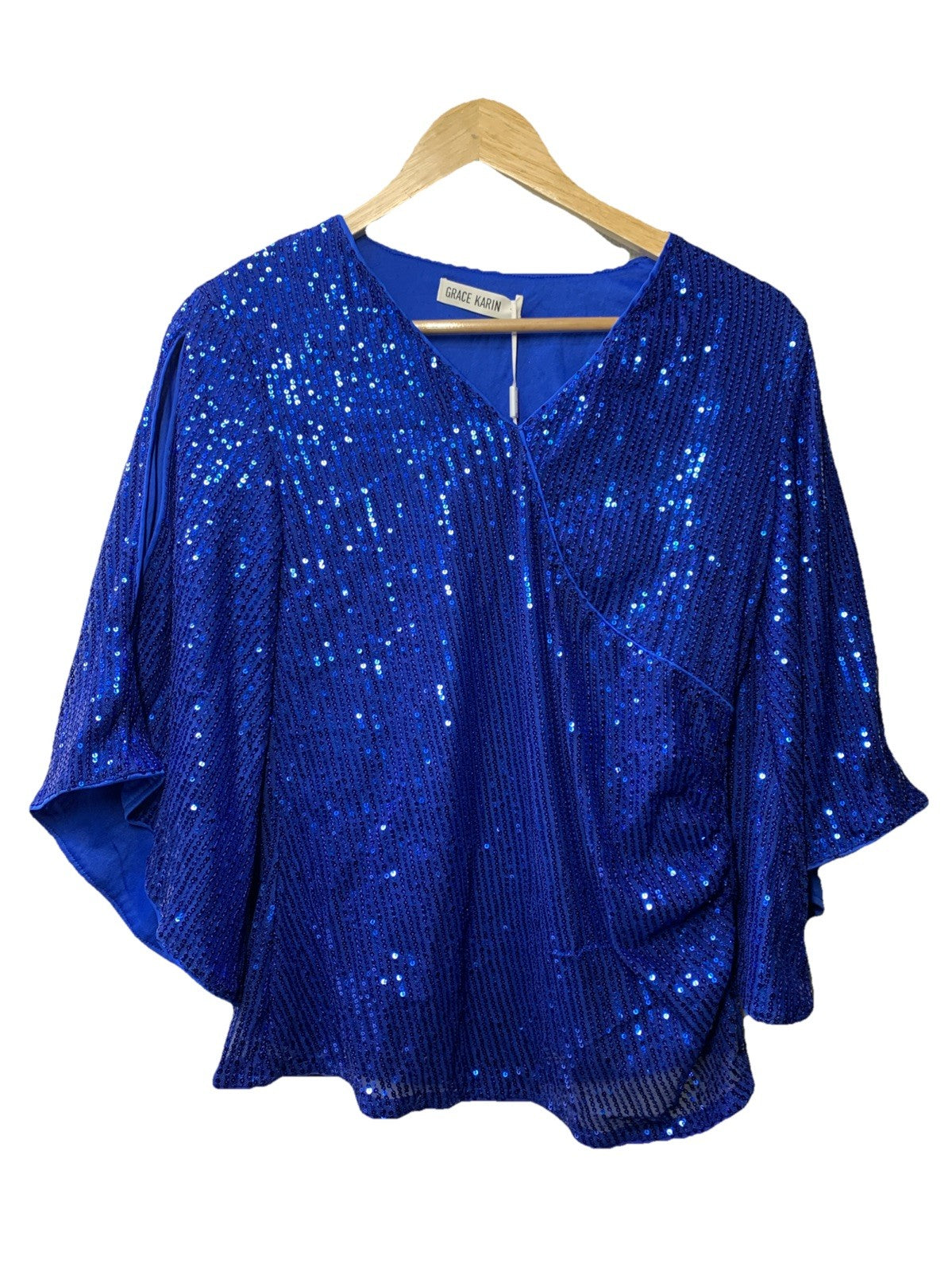 GRACE KARIN Womens Sequin Tops 3/4 Sleeve Glitter Sparkly Shimmer Size S Blue