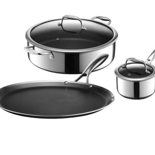 HexClad Hybrid Cookware 5 Pc Frying Pan & Pot Set 12” Griddle w/Lids 7QT, 1QT,