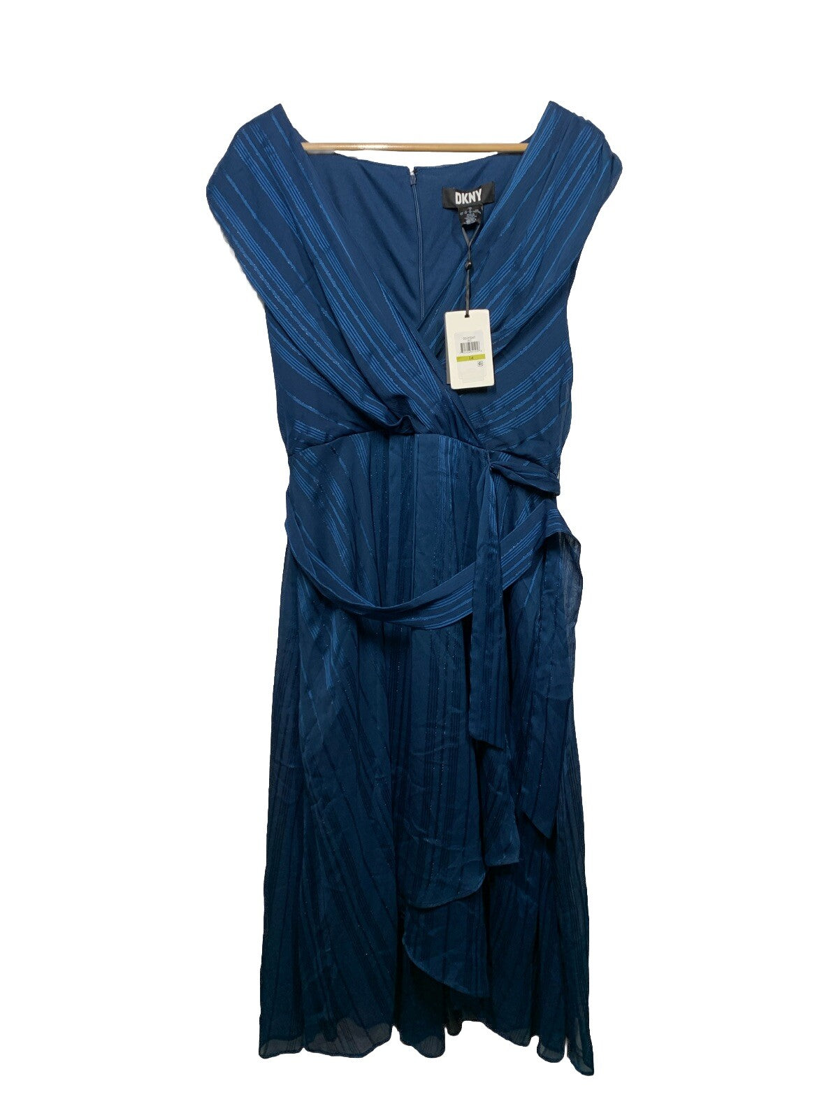 DKNY Women's Striped Chiffon Sleeveless Layered Faux Wrap Belt Dress Size 14