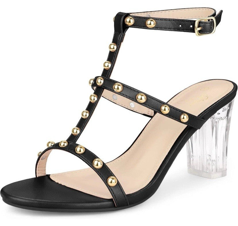 Perphy Rivets Heel Slingback T-Strap Chunky Clear Heels Studded Sandal 7 Black