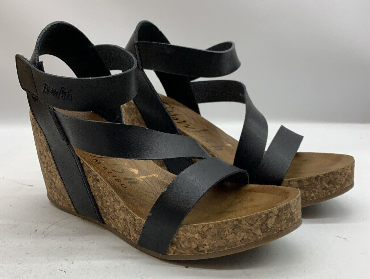Blowfish Malibu Women's Hapuku Wedge Sandal Scotch Dyecut Size 10 Black Open Toe