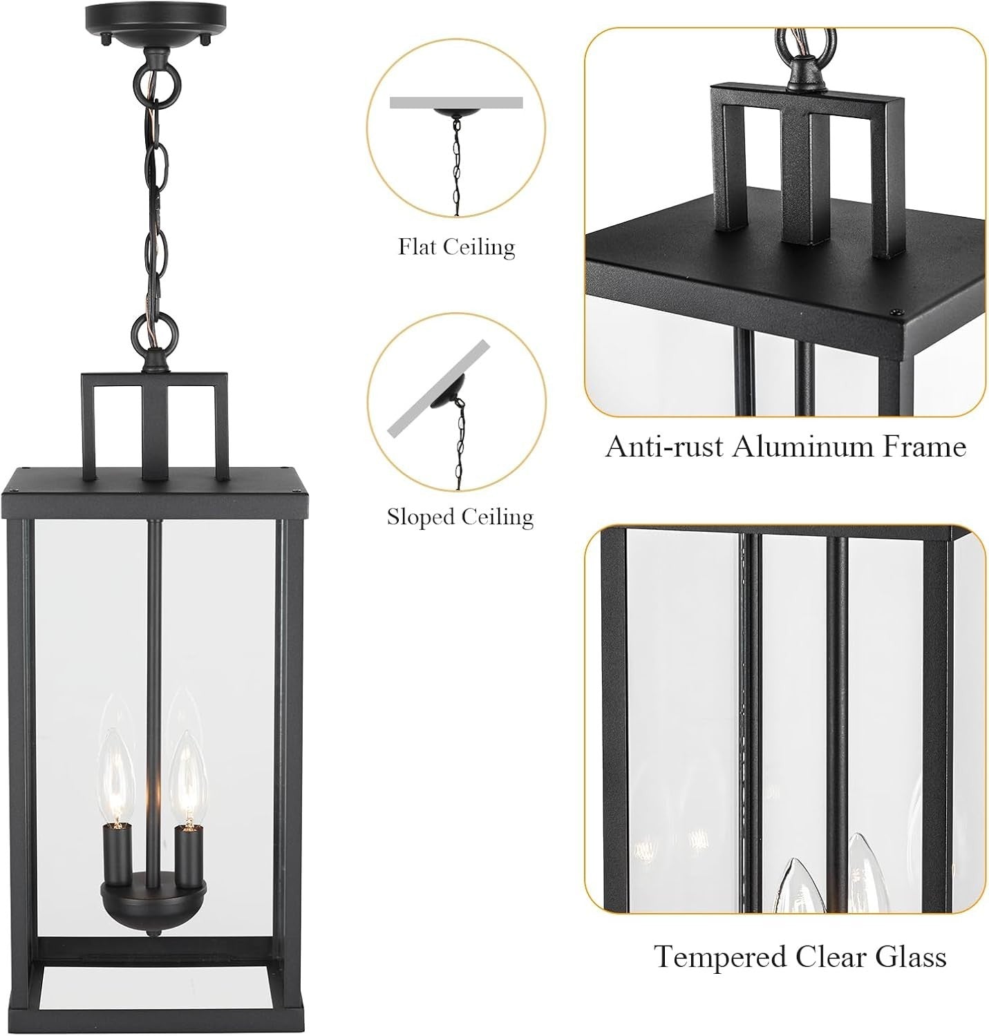 21'' Outdoor Pendant Lantern 2-Light Modern Black Exterior Chandelier Clear Glas