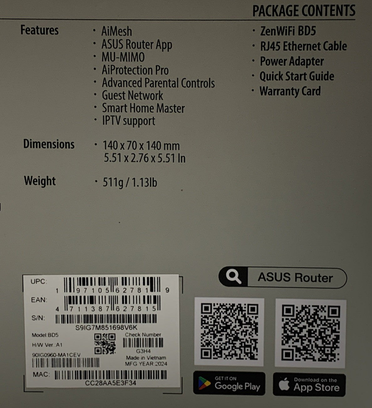 Asus ZenWiFi BD5 Wi-Fi 7 Mesh Ethernet Wireless Router -  5000 Mbps, 6800 sq.ft