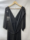 Black DKNY women's double strap cold shoulder gown with 3/4 sleeves, size 12, shown on a hanger with elegant fabric details.