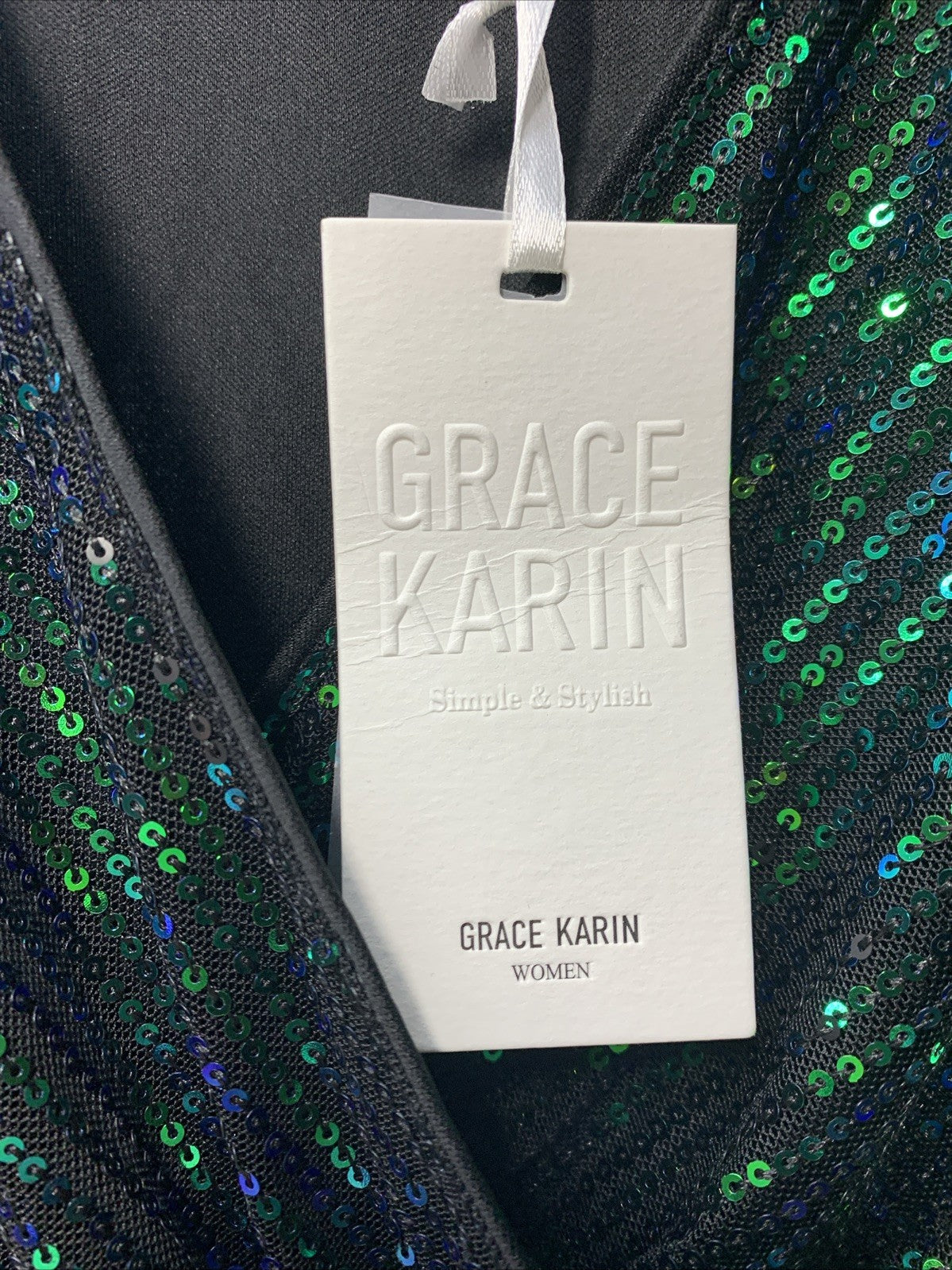 Grace Karin V-Neck Sequined Ruffle Stitching Slim Fit Short Sleeve Size M Green