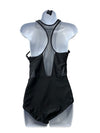 Black Speedo women's one-piece swimsuit with high neck and contemporary cut, featuring sleek swimwear design.