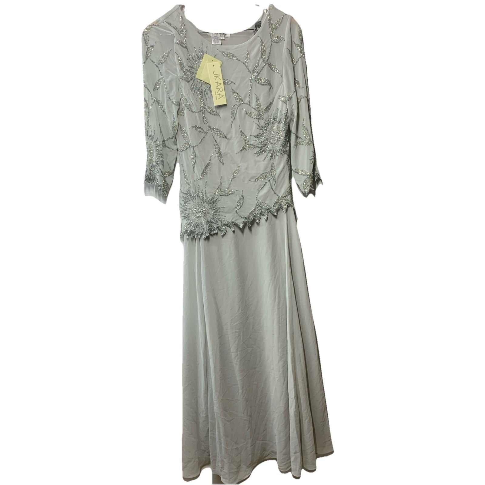 J Kara Women's Scoop Neck 3/4 Sleeve Beaded Top Long Evening Dress, Size 12 Gray