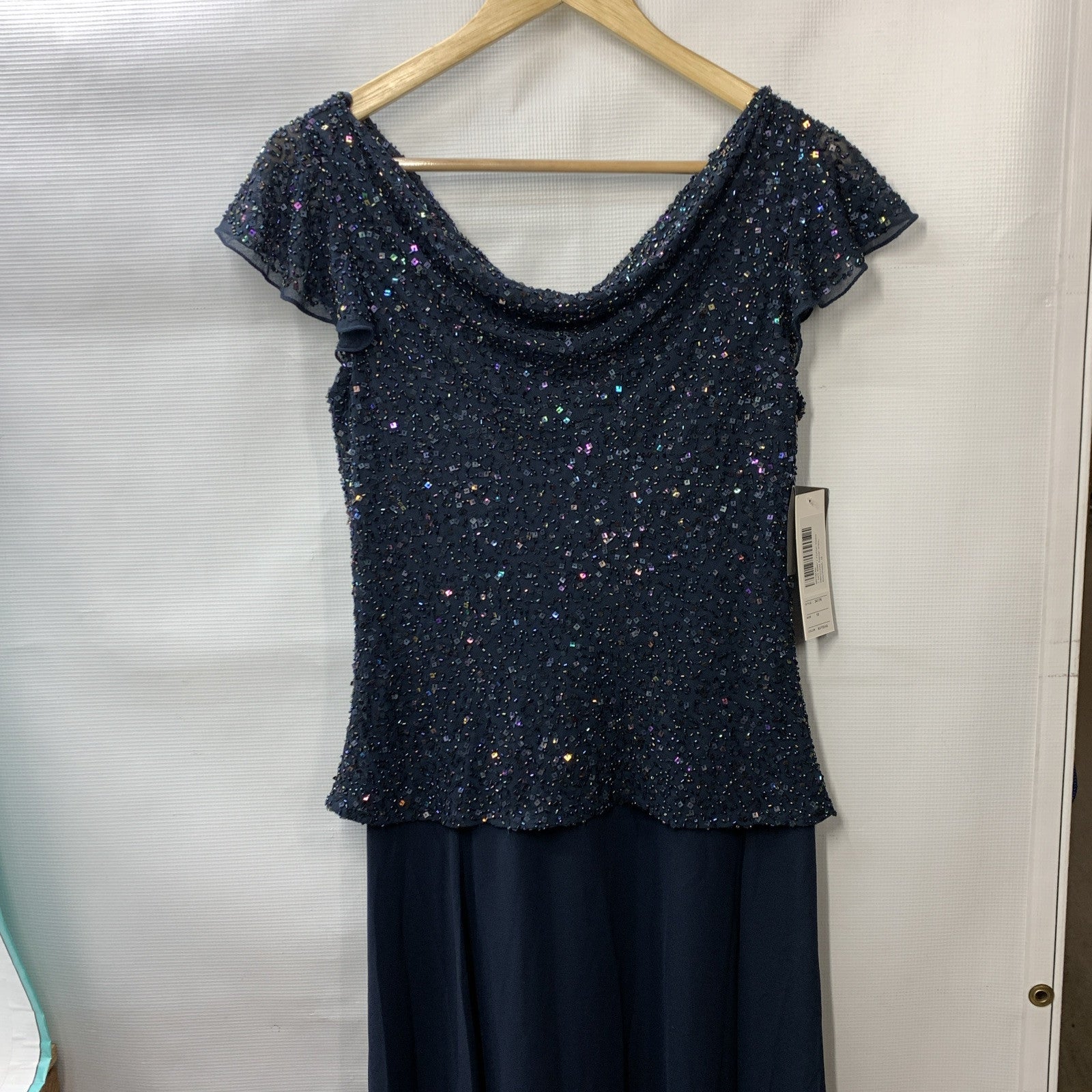 J Kara Women's Size 10 Flutter-Sleeve Embellished Popover Dress Navy (669) 3417N