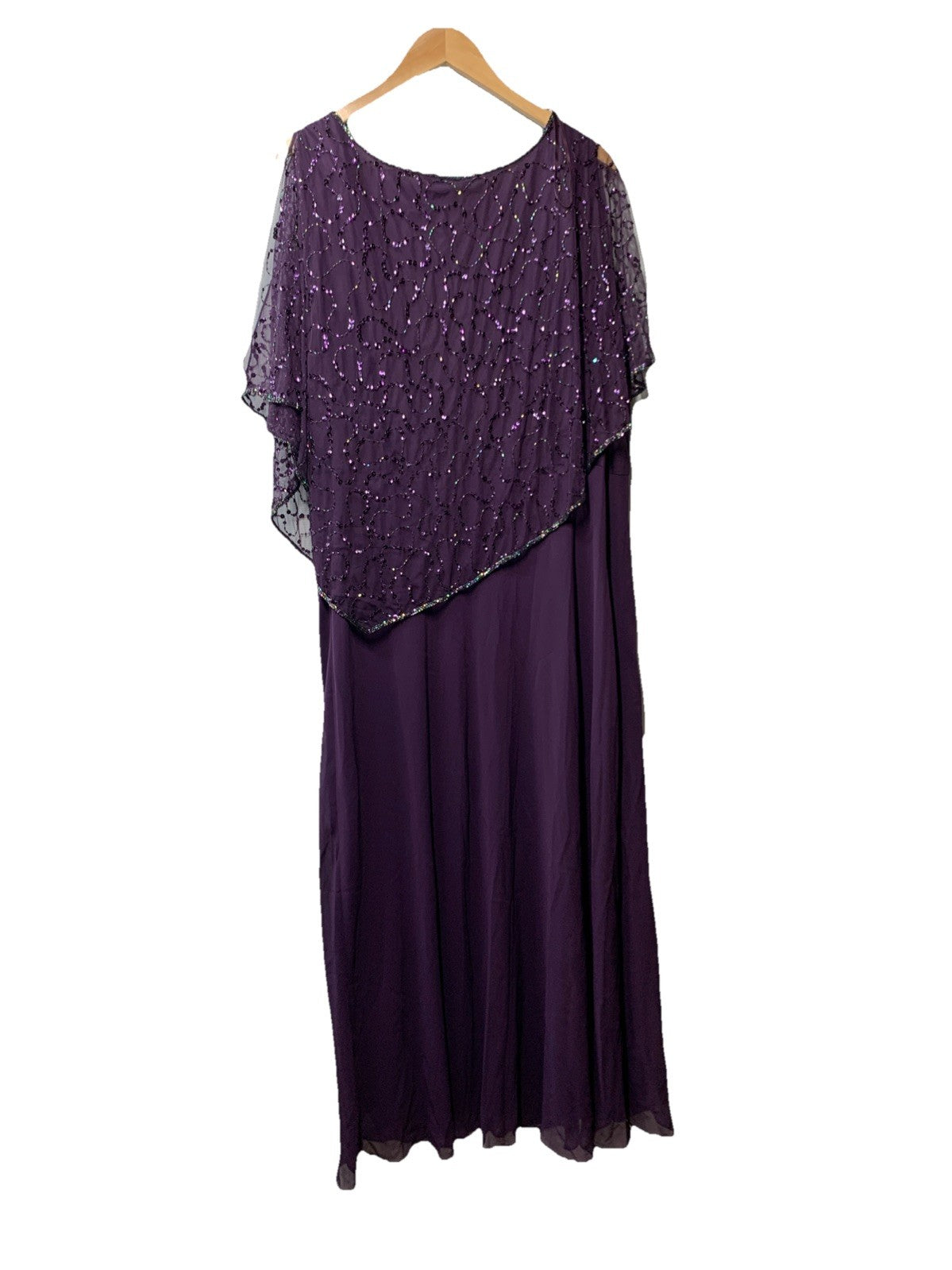 J Kara Sequin Capelet Long Beaded Dress V-neck Pull On Size 22W Purple