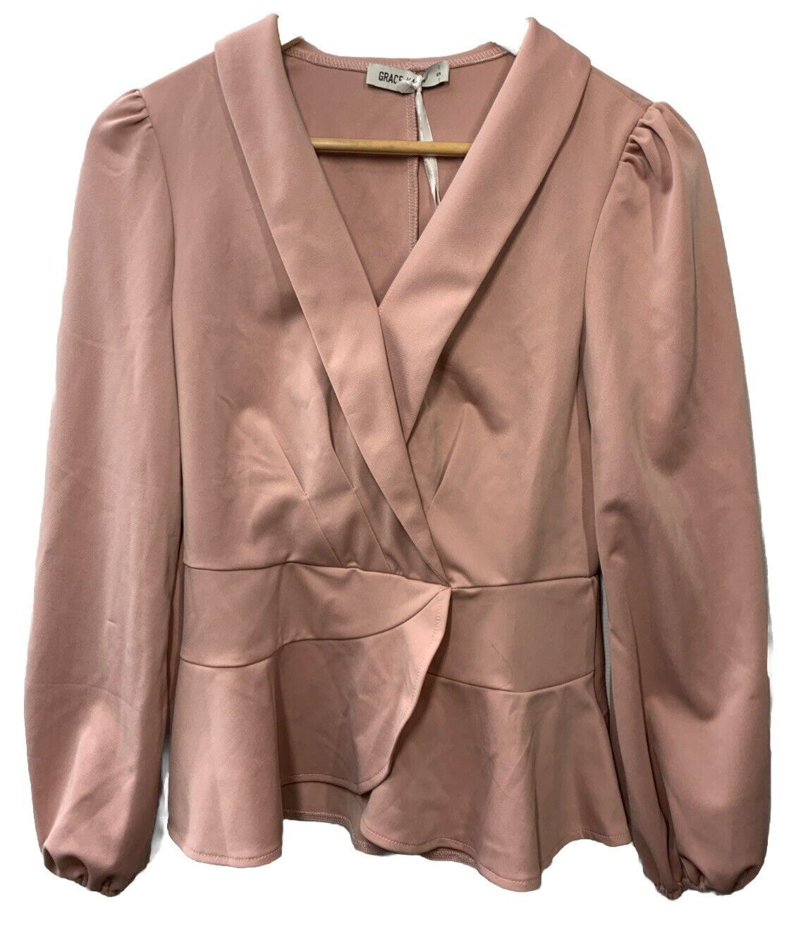 Long Lantern Sleeve Work Formal Top Pink Size Small Wrap V-neck Shawl Collar