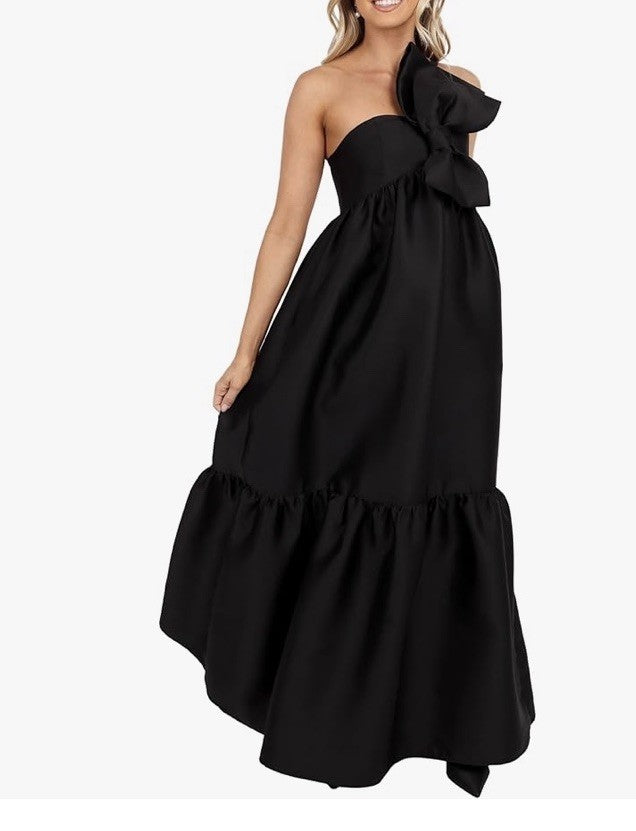 Petal + Pup Betina Bow Front Maxi Dress Black One Shoulder Sleeveless Size Large