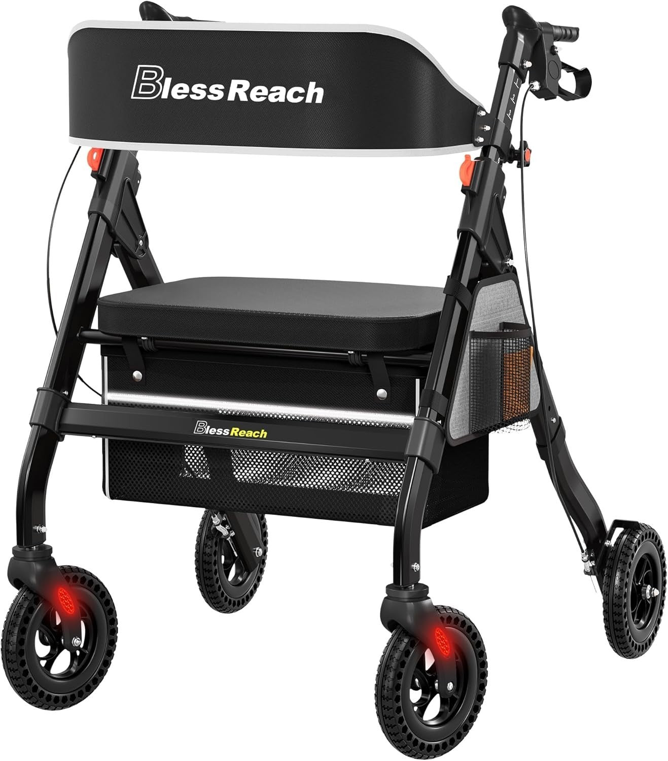 BlessReach Heavy Duty Rollator Walker For Seniors Wide Seat Backrest 450lbs