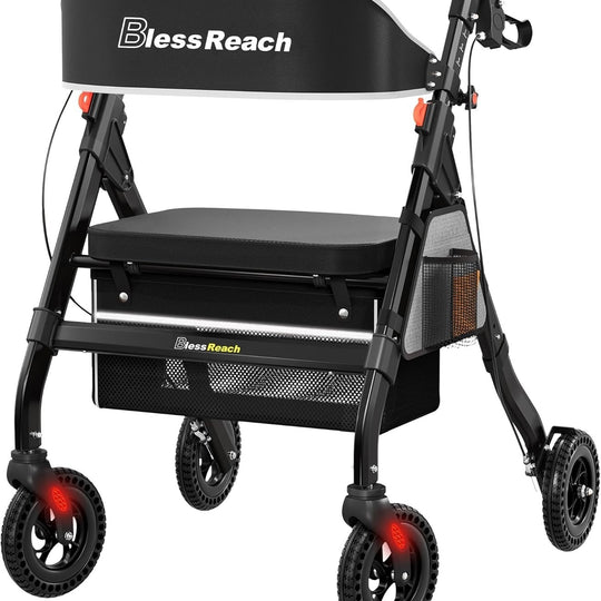 BlessReach Heavy Duty Rollator Walker For Seniors Wide Seat Backrest 450lbs