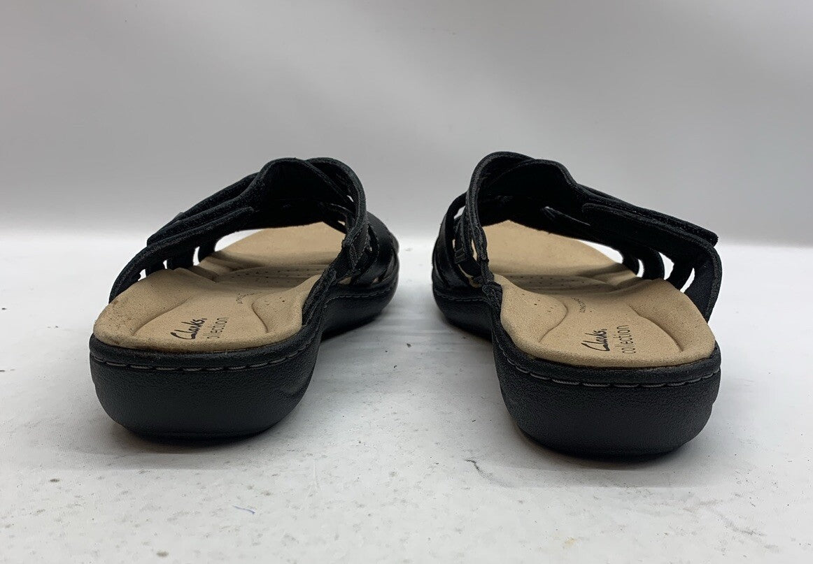 Women's Clarks Laurieann Bali Sandals Black Leather Size 9 Open Toe Slip-on
