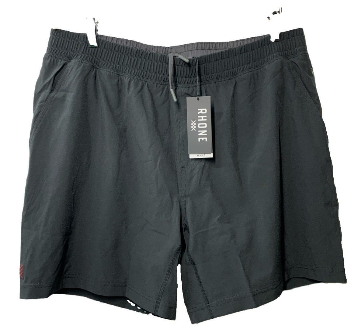 Black Rhone men's XL activewear shorts with Mako lining, stretch fabric, drawstring waist, and anti-odor features.
