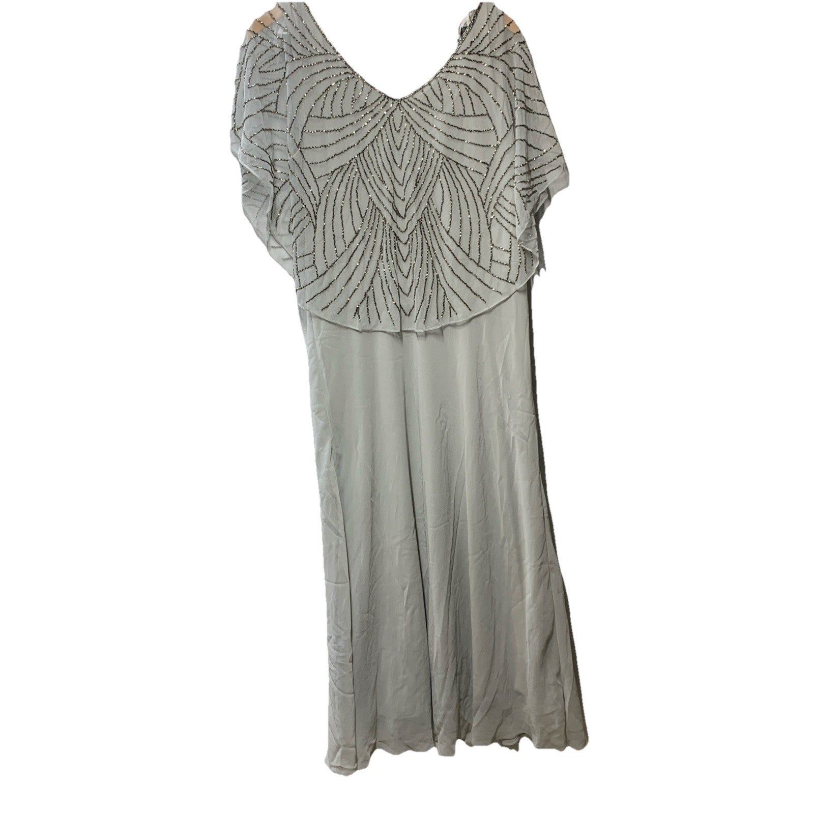 J Kara Sequin Capelet Long Beaded Dress V-neck Pull On Size 14p Gray/sliver
