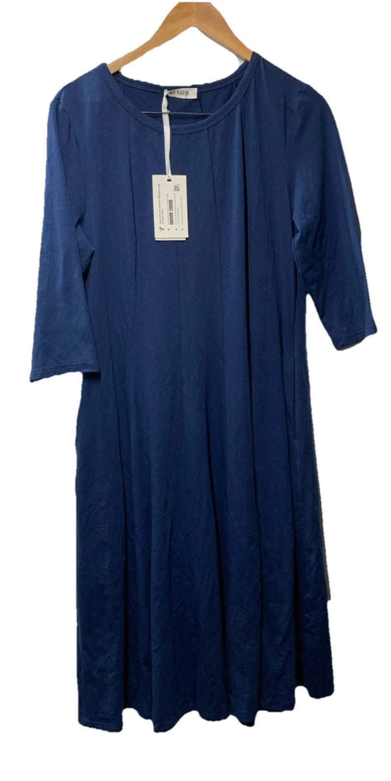 Navy blue women's dress by The Family Flips, 3/4 sleeve A-line loose fit, casual and formal style, perfect for women.