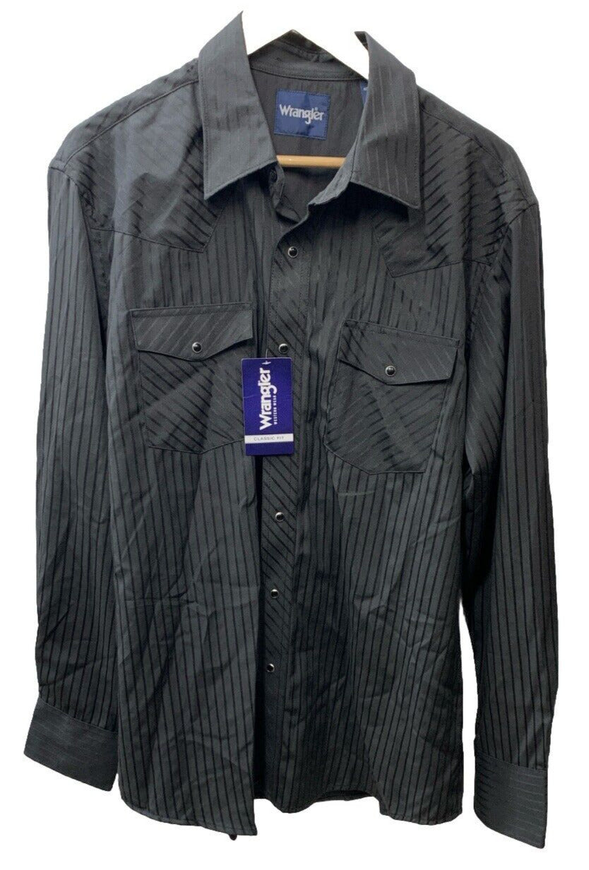 Wrangler Men's Sport Western Dobby Stripe Snap Long Sleeve Shirt Large Black
